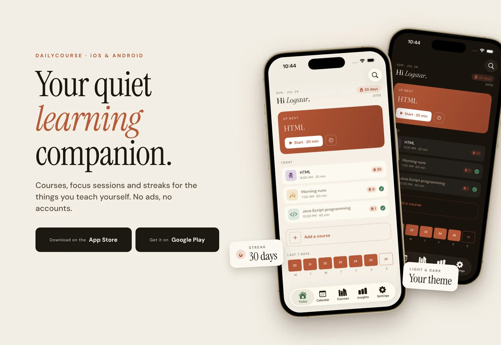 DailyCourse: A calm daily companion for the things you teach yourself. Track courses, run focus sessions and keep a streak, with no ads, feeds or accounts.