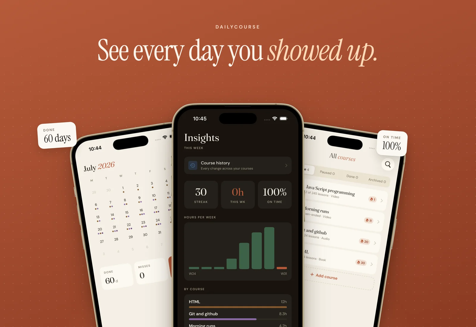 DailyCourse calendar, insights and courses screens