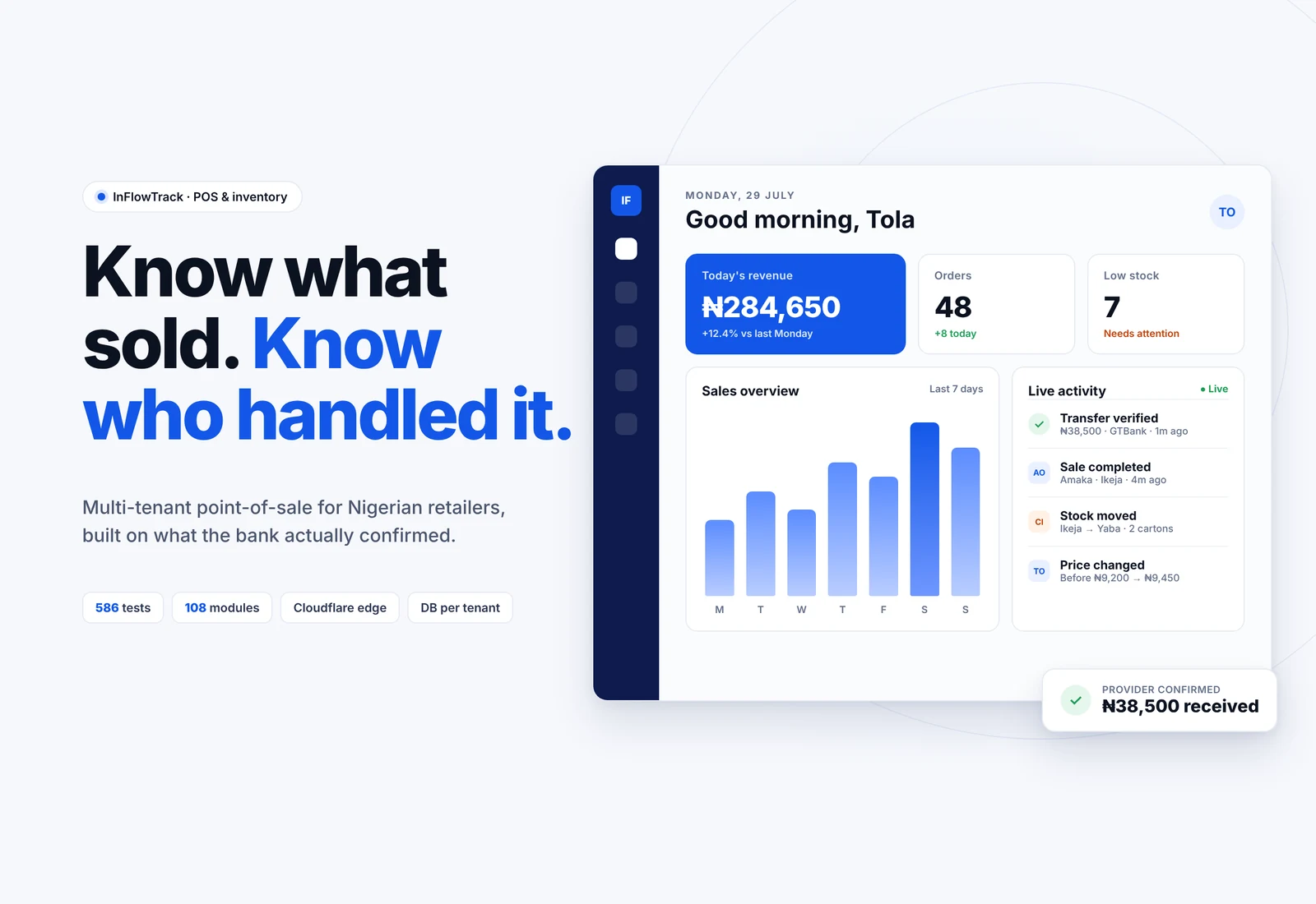 InFlowTrack: Point-of-sale and inventory for small Nigerian retailers that records what the bank and card terminal actually confirmed, not what staff say happened, and flags every discrepancy.