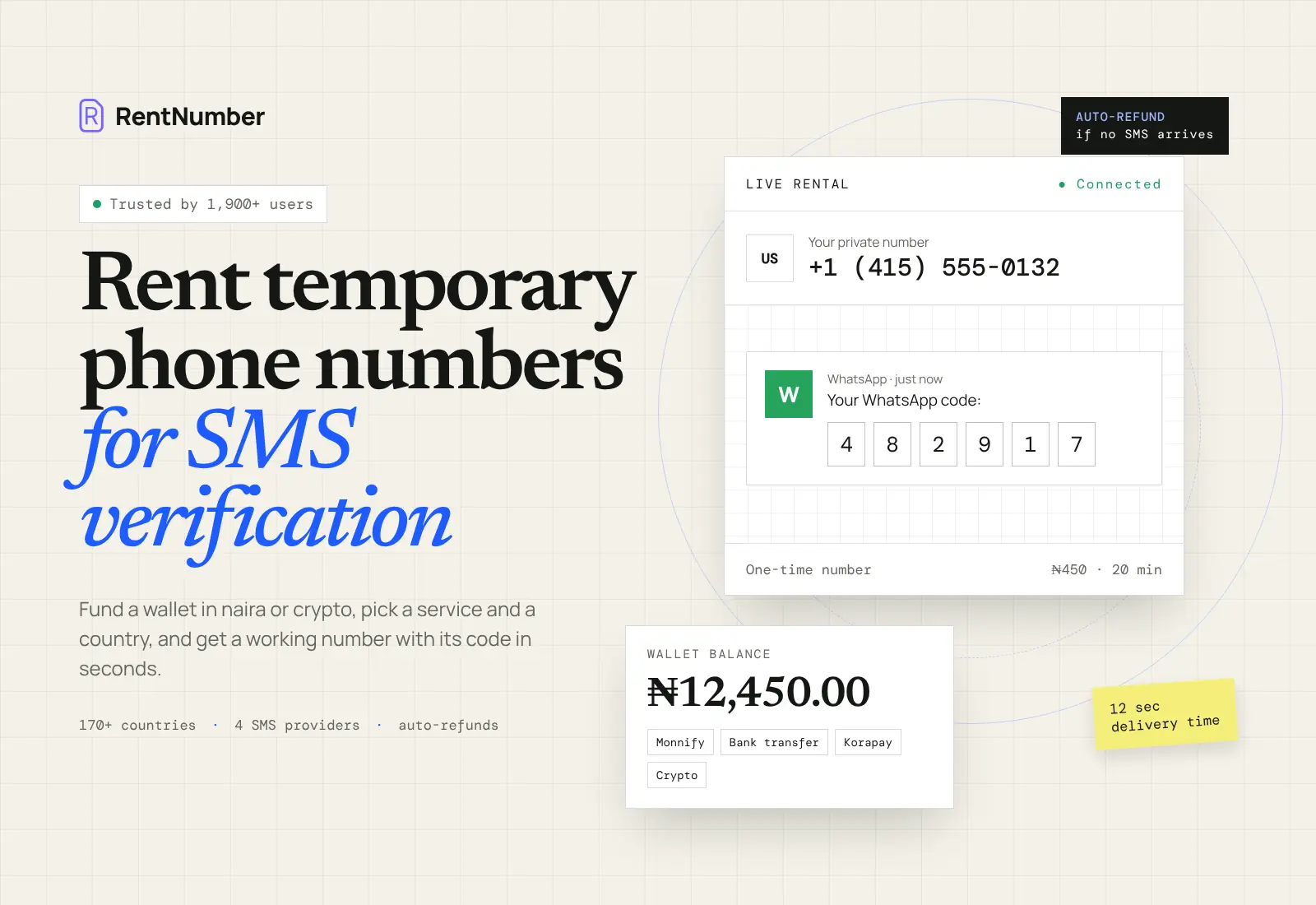 RentNumber: Virtual phone numbers for SMS verification codes, paid for in naira or crypto. Four SMS providers sit behind one engine, and customers are refunded automatically when a code never arrives.